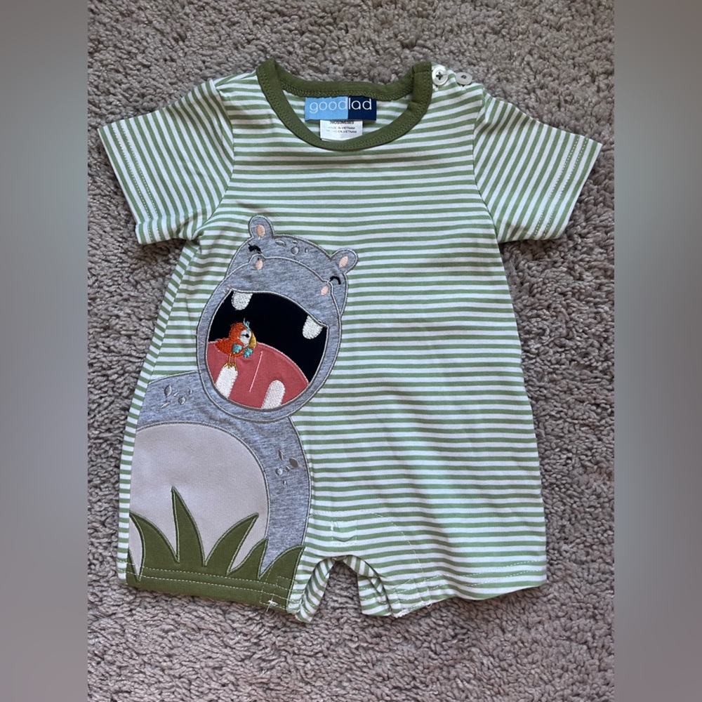Good Lad Olive Striped Hippo Bodysuit